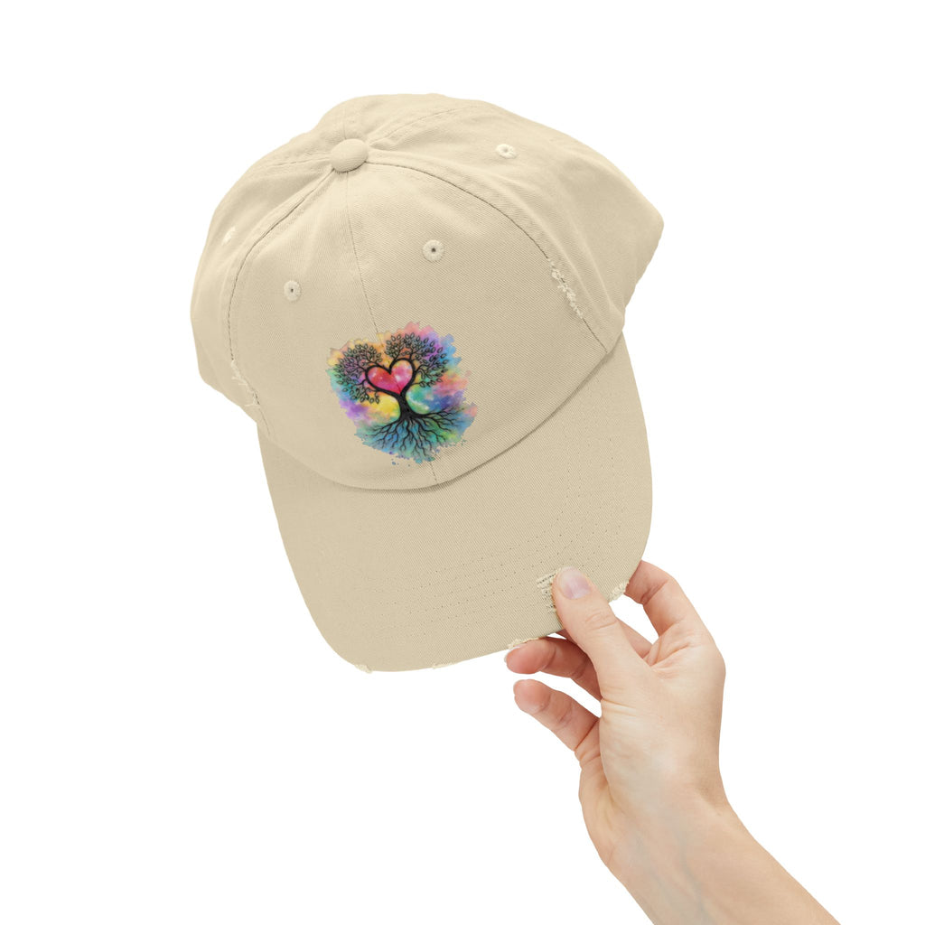 Distressed Dad Hat with Colorful Heart Tree Of Life  Design — Boho Love Cap