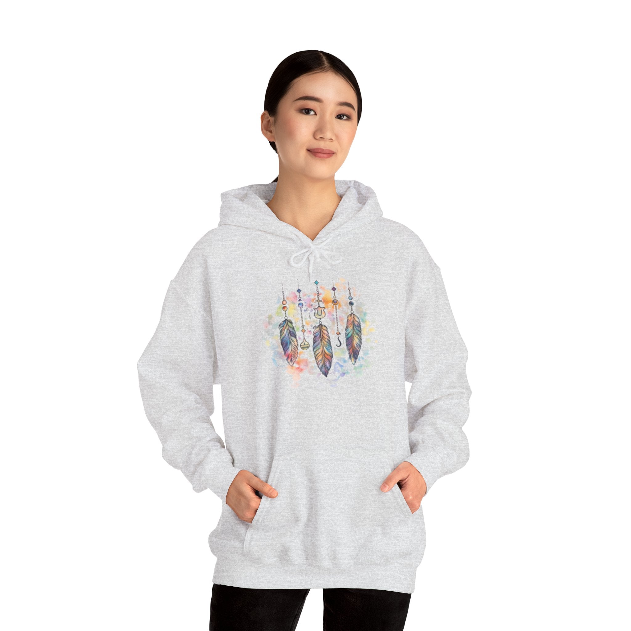 Boho Feather Dreamcatcher Hoodie — Watercolor Tribal Feathers Pullover