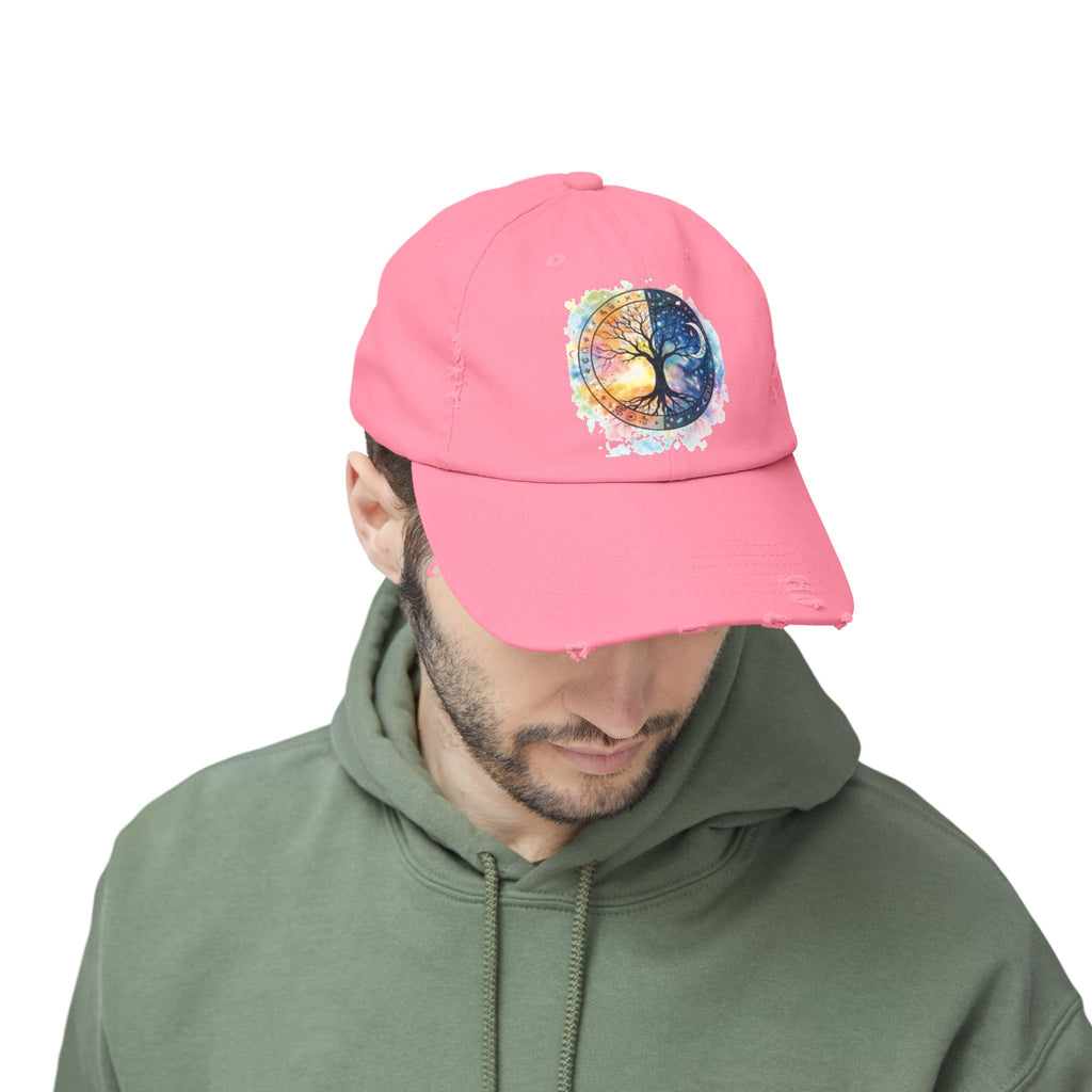 Distressed Cap — Watercolor Yin Yang Tree Baseball Hat
