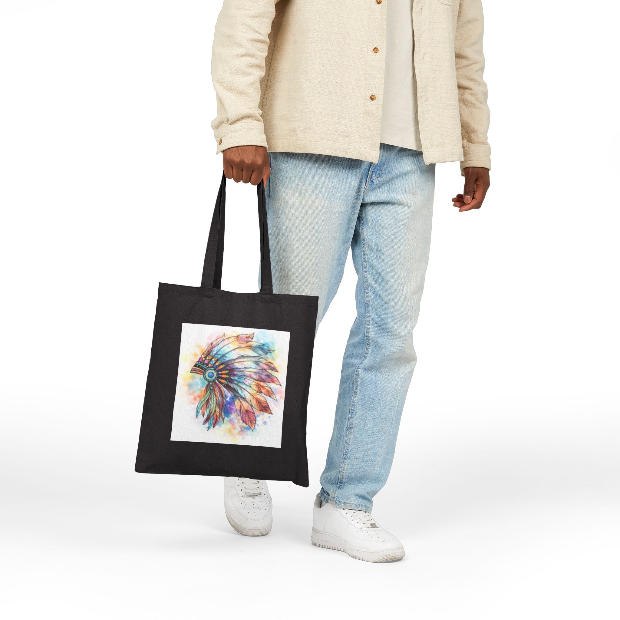 Watercolor Native Headdress Tote Bag | Feather Boho Canvas