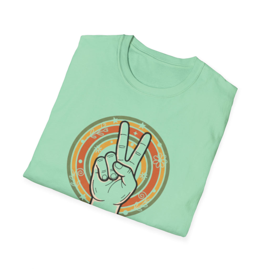 Peace Hand Sign T-Shirt | Retro Rainbow Circle, Vintage Hippie Vibe