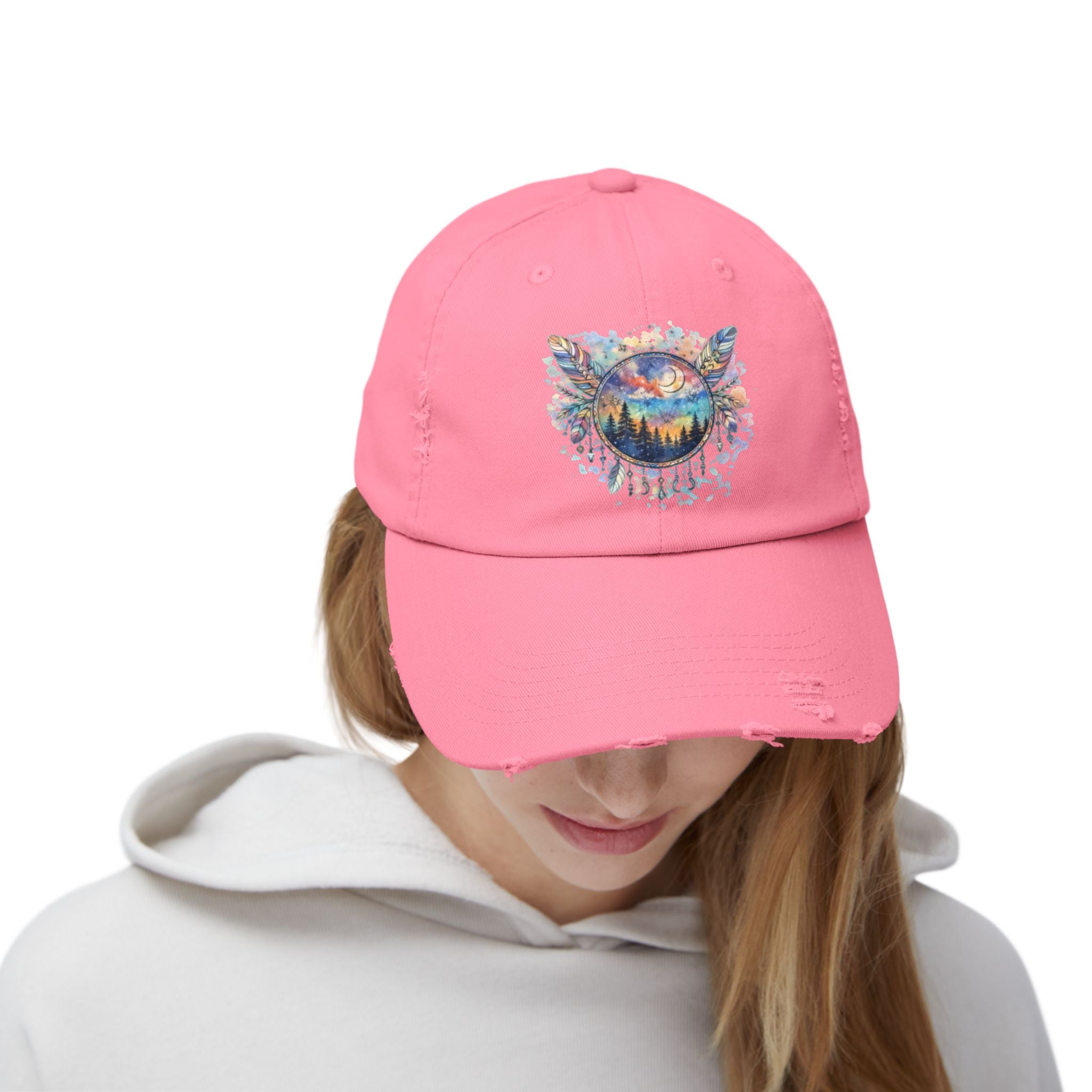 Wolf Moon Distressed Cap — Watercolor Nightscape Hat