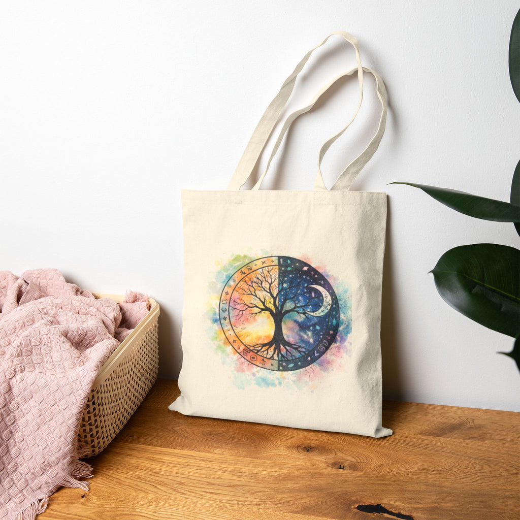 Yin Yang Tree Canvas Tote — Boho Celestial Cotton Bag