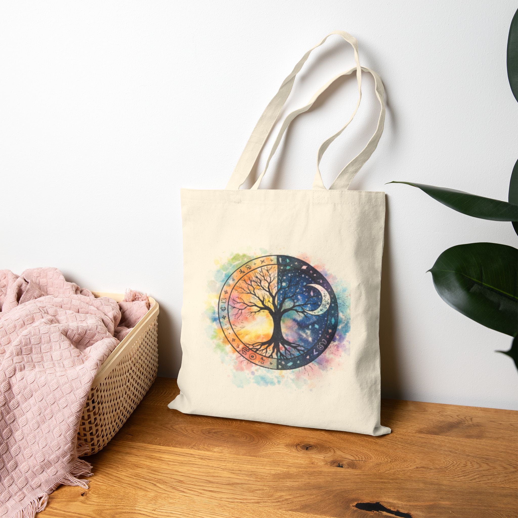 Yin Yang Tree Canvas Tote — Boho Celestial Cotton Bag