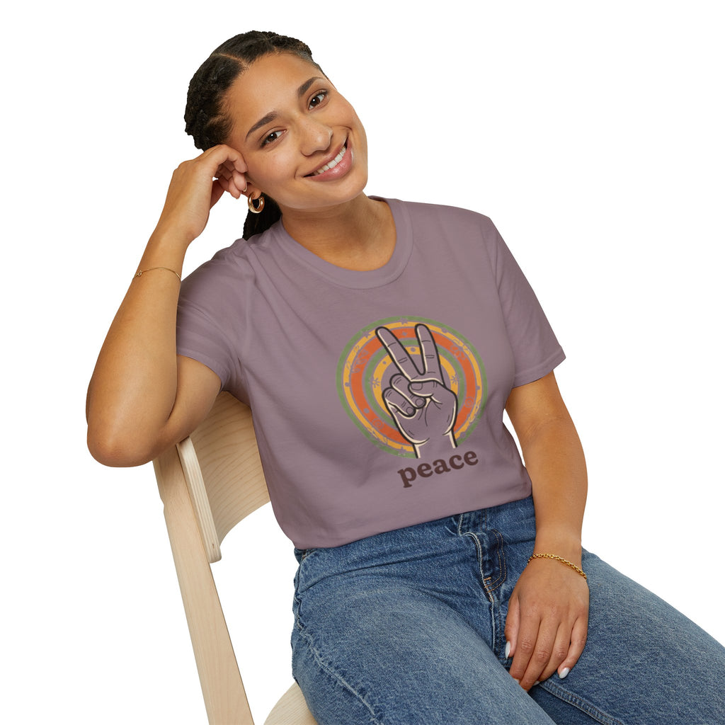 Peace Hand Sign T-Shirt | Retro Rainbow Circle, Vintage Hippie Vibe