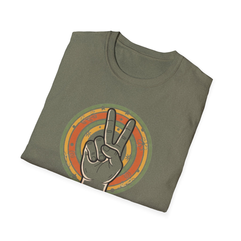 Peace Hand Sign T-Shirt | Retro Rainbow Circle, Vintage Hippie Vibe