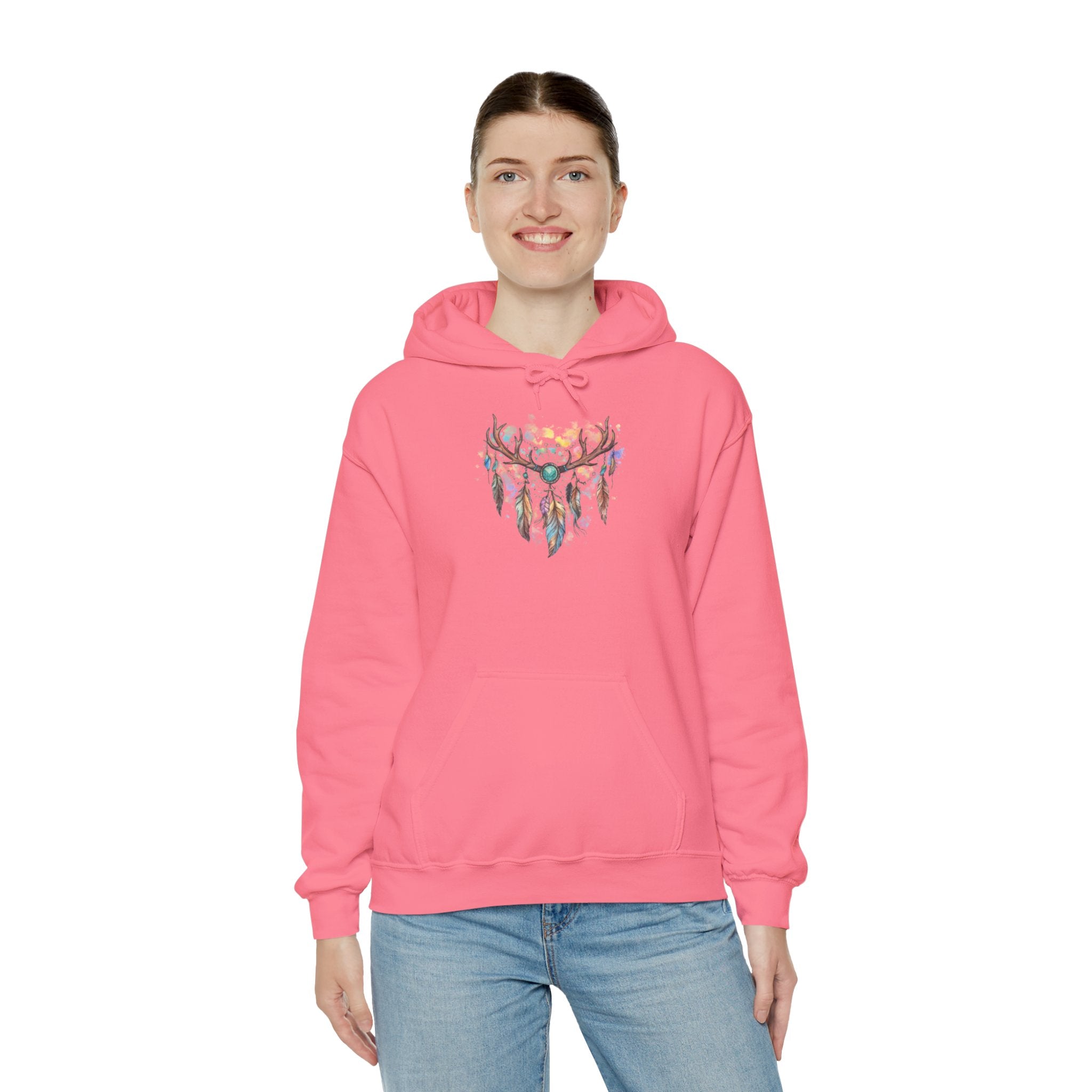 Dreamcatcher Antler Hoodie — Watercolor Feathers & Floral Boho Sweatshirt
