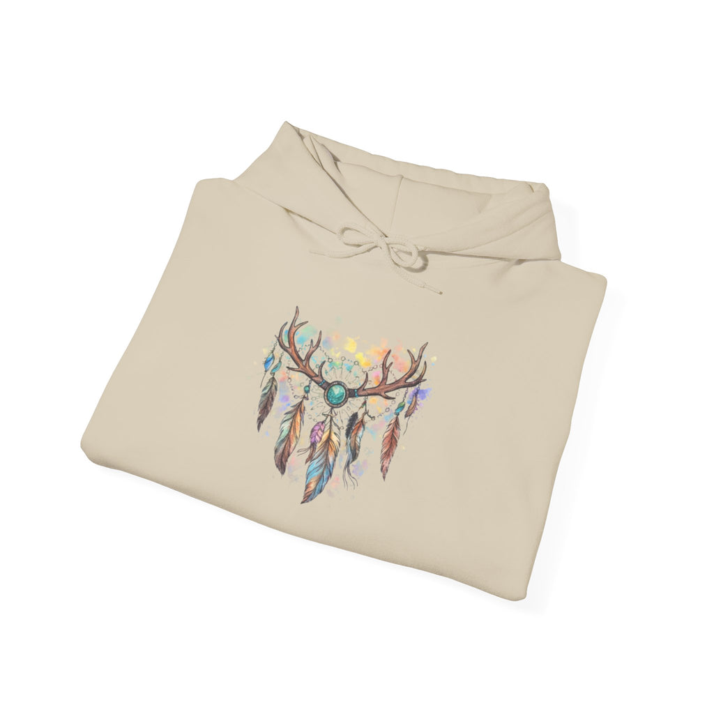Dreamcatcher Antler Hoodie — Watercolor Feathers & Floral Boho Sweatshirt