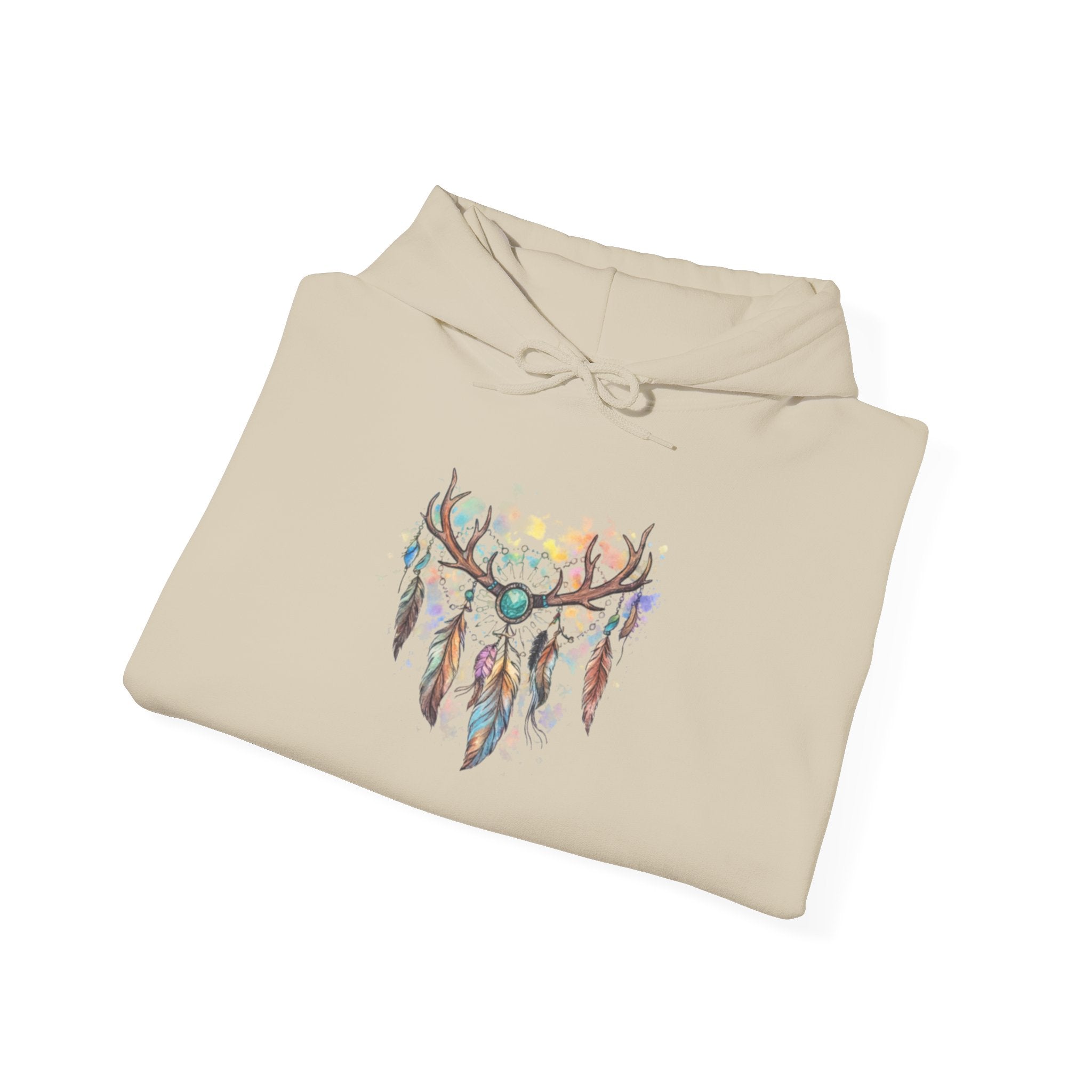 Dreamcatcher Antler Hoodie — Watercolor Feathers & Floral Boho Sweatshirt