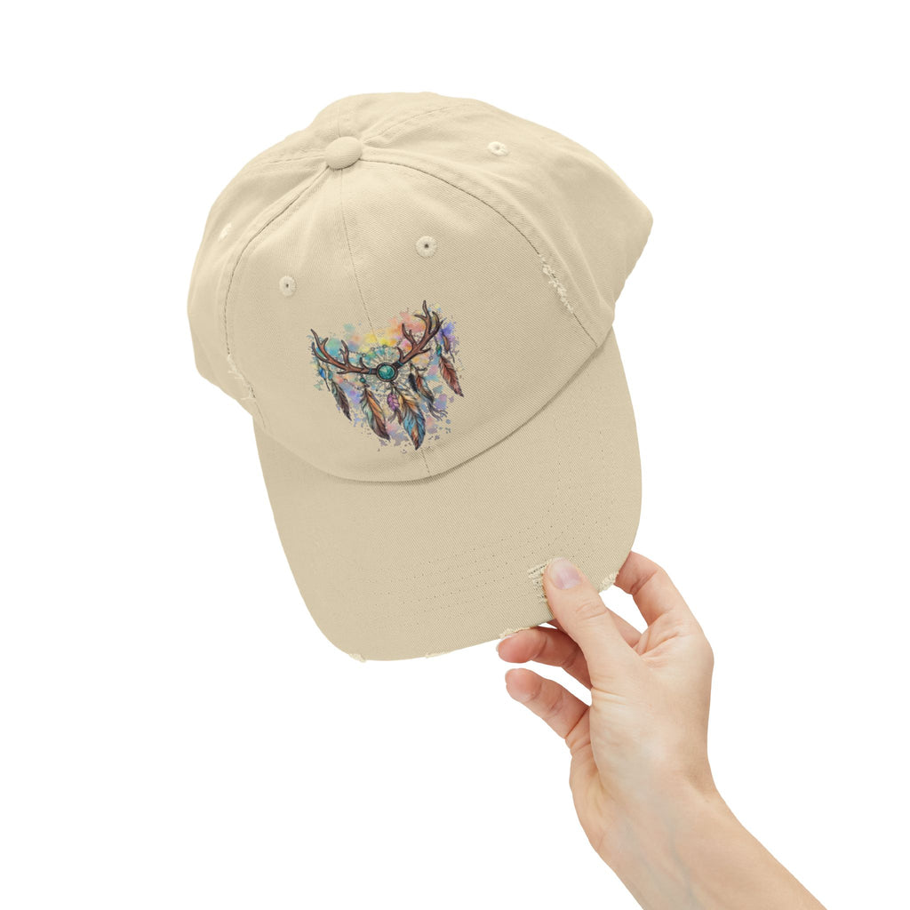 Distressed Hat. Watercolor Antler Dreamcatcher