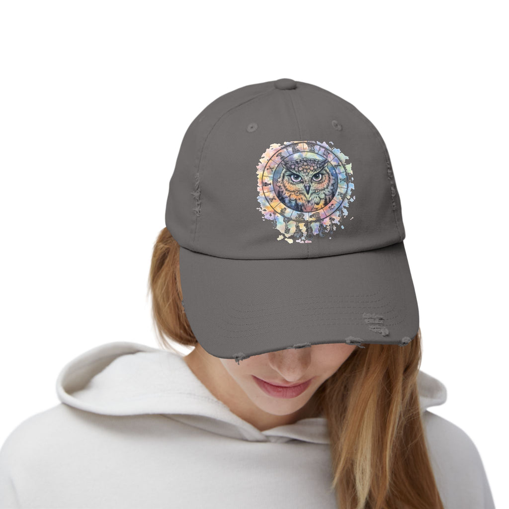 Watercolor Owl Distressed Unisex Hat
