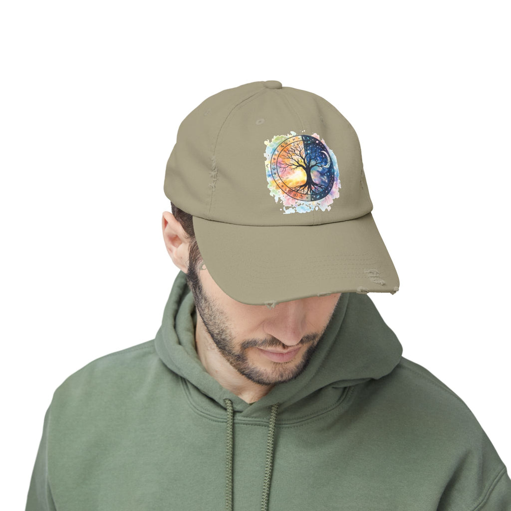Distressed Cap — Watercolor Yin Yang Tree Baseball Hat