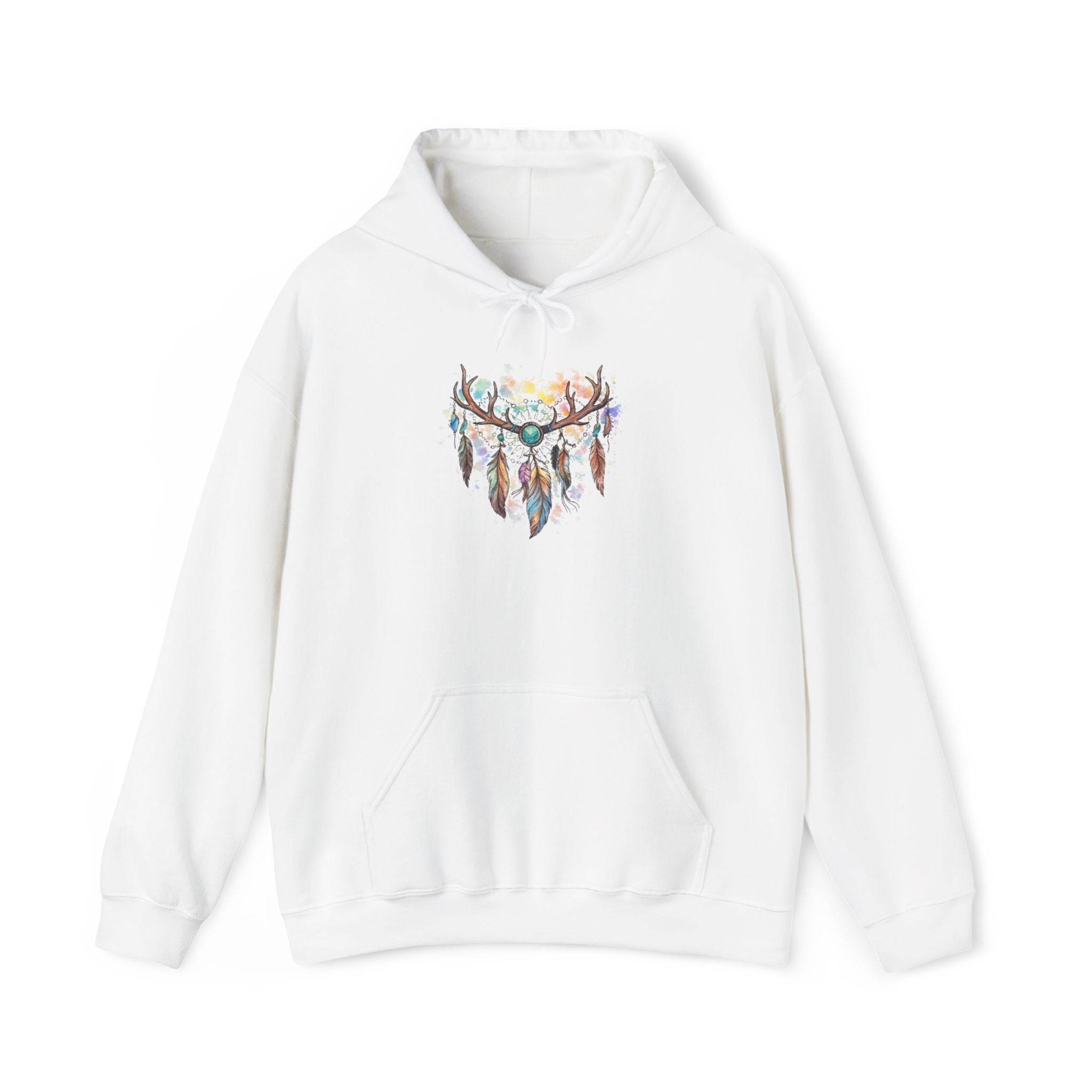 Dreamcatcher Antler Hoodie — Watercolor Feathers & Floral Boho Sweatshirt
