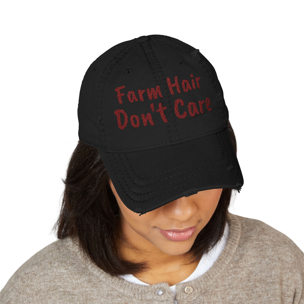 Distressed Dad Hat — "Farm Hair Don’t Care" Embroidered Cap