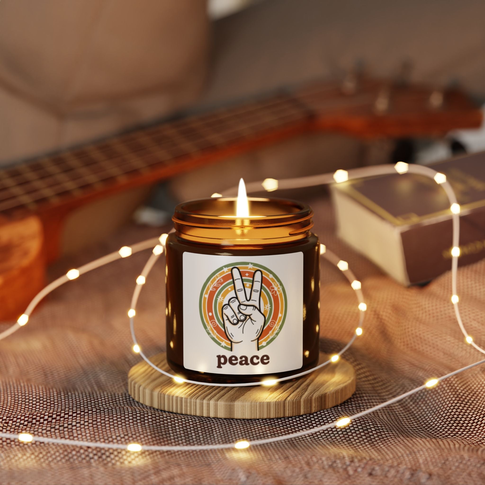 Peace Sign Soy Candle — Amber Jar Scented Candle (Retro Vibes)