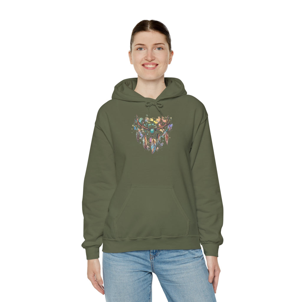 Dreamcatcher Antler Hoodie — Watercolor Feathers & Floral Boho Sweatshirt