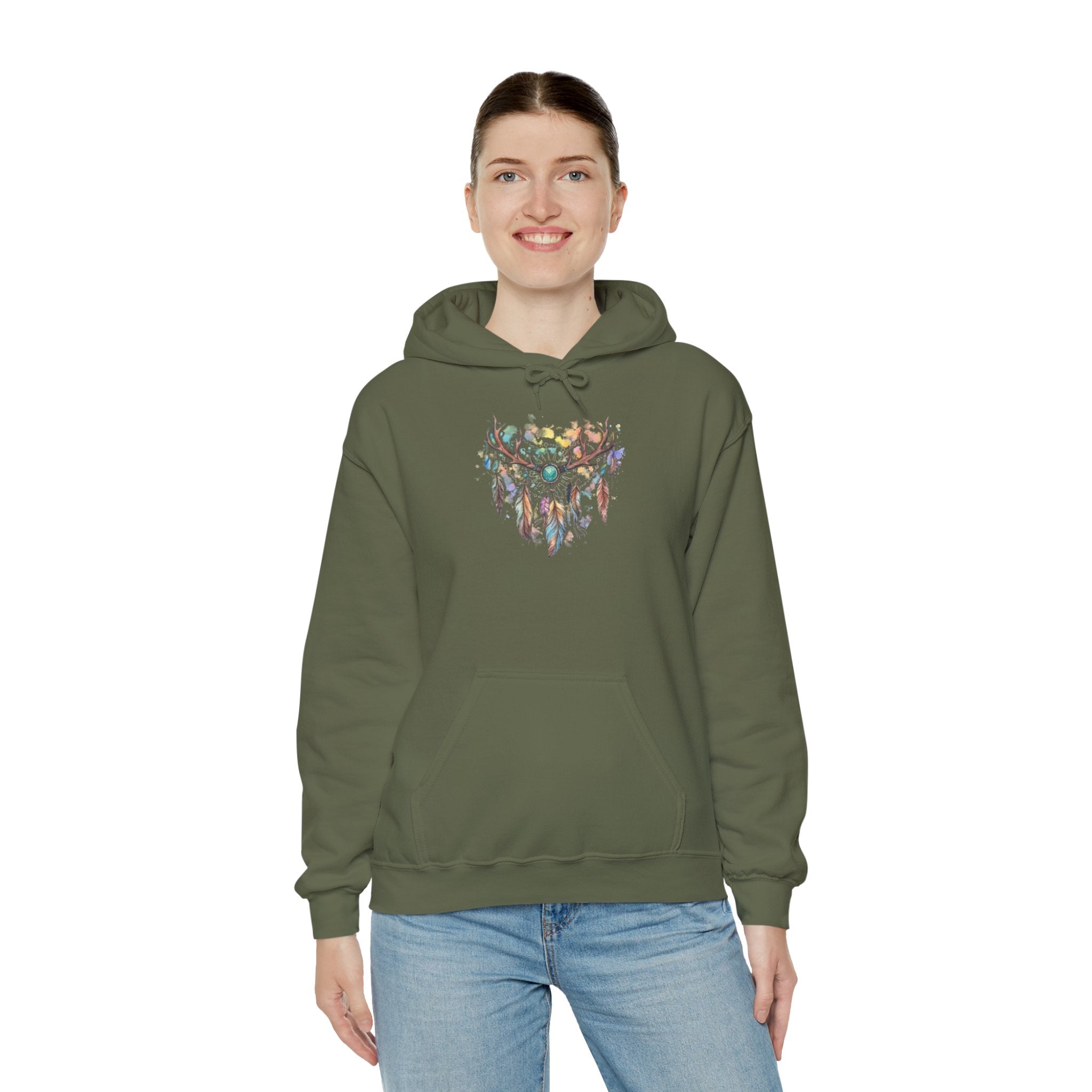 Dreamcatcher Antler Hoodie — Watercolor Feathers & Floral Boho Sweatshirt
