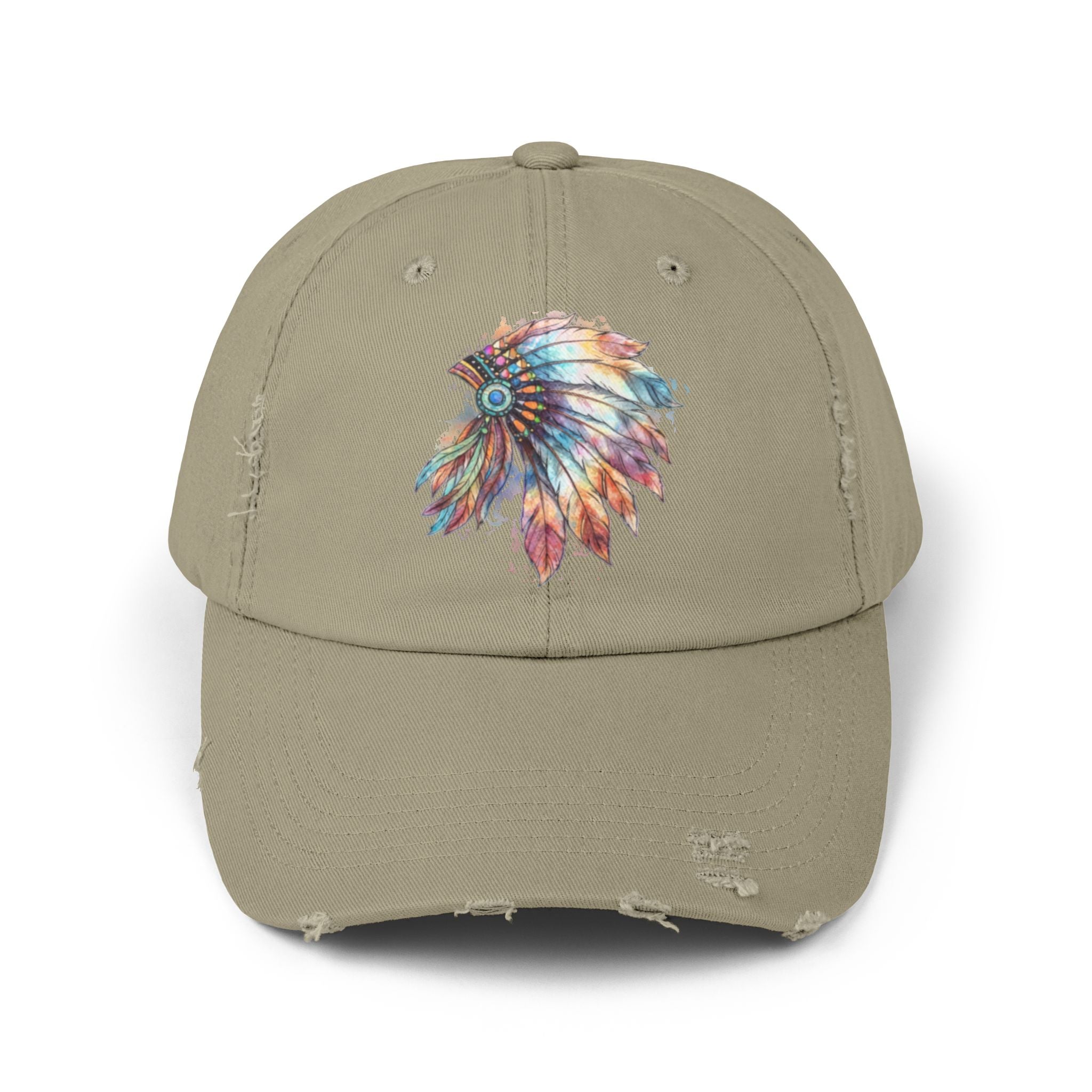 Distressed Cap with Colorful Watercolor Native Feather Headdress