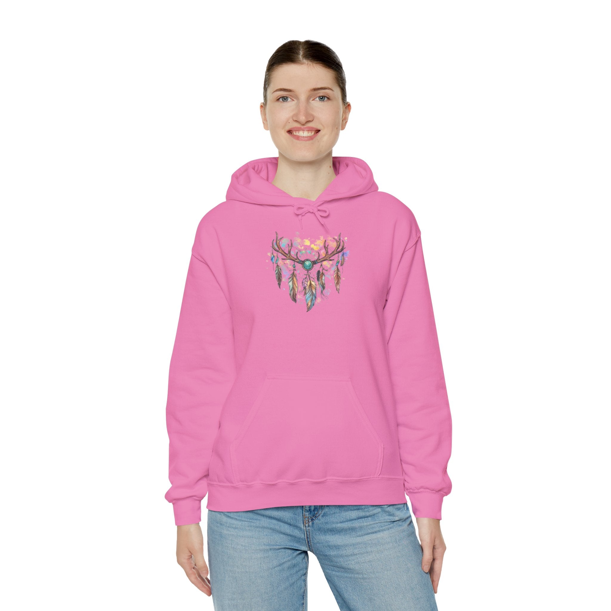 Dreamcatcher Antler Hoodie — Watercolor Feathers & Floral Boho Sweatshirt
