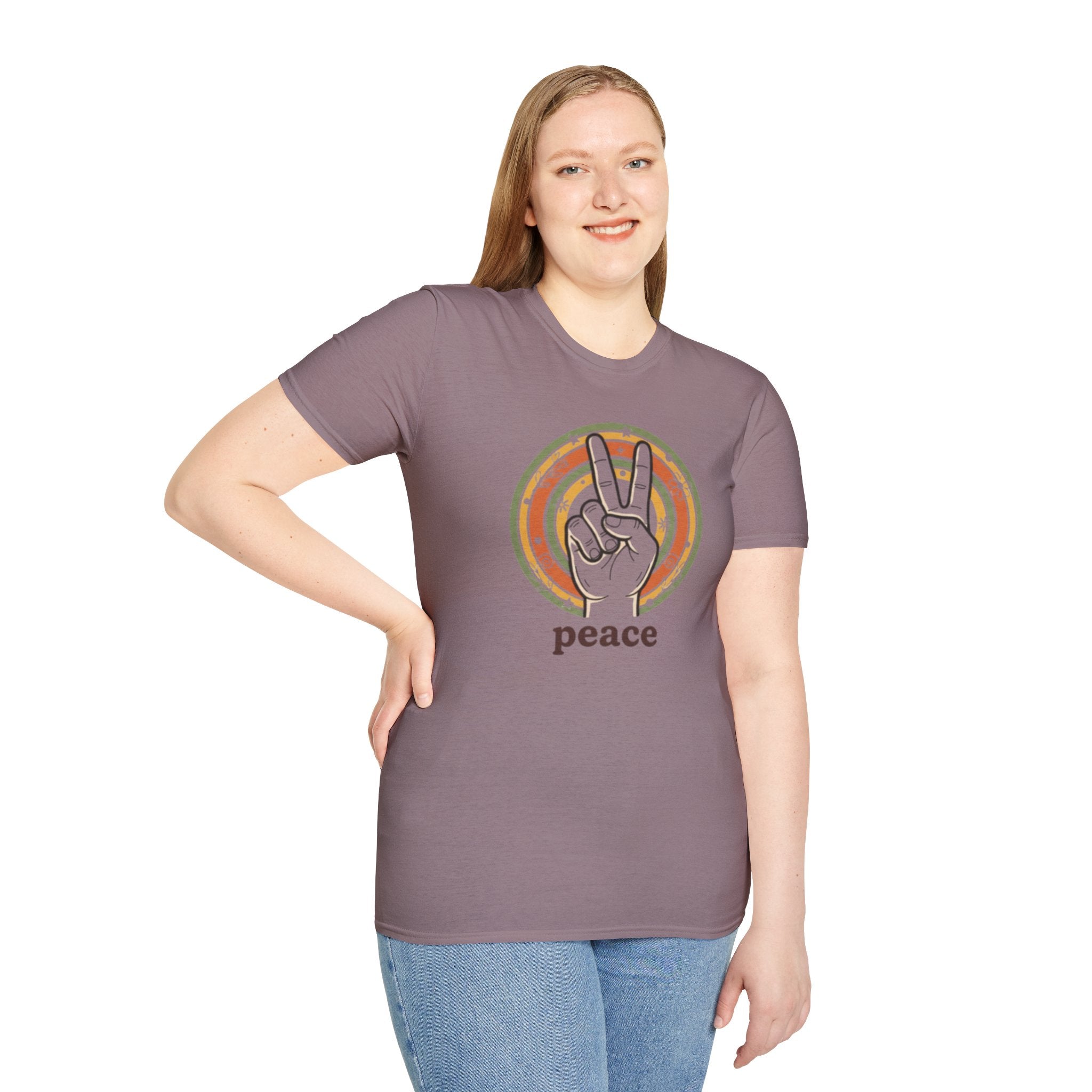 Peace Hand Sign T-Shirt | Retro Rainbow Circle, Vintage Hippie Vibe