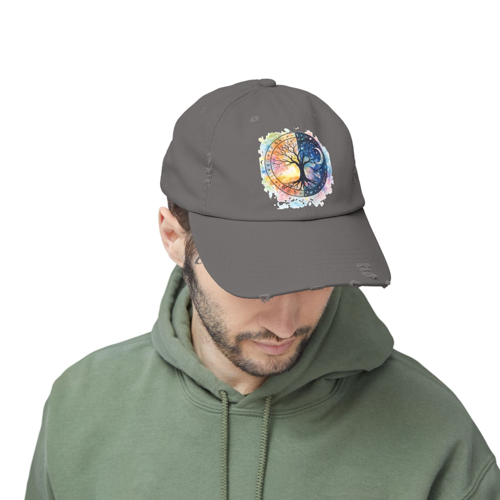 Distressed Cap — Watercolor Yin Yang Tree Baseball Hat