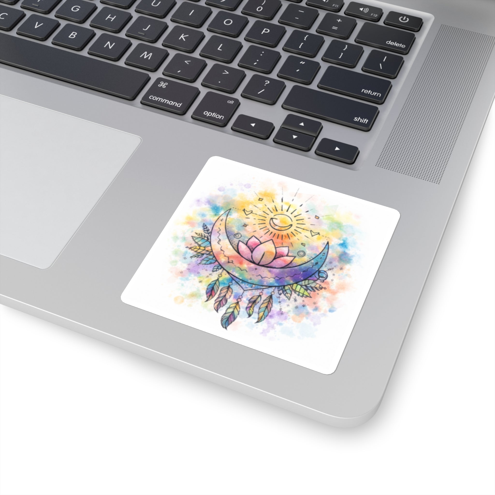 Watercolor Crescent Moon Lotus Sticker | Boho Dreamcatcher Square Sticker