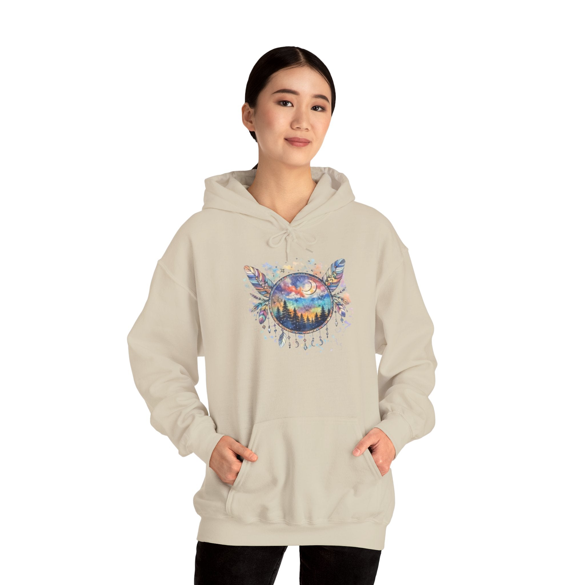 Nature Dreamcatcher Hoodie — Colorful Mountain Sunset Graphic