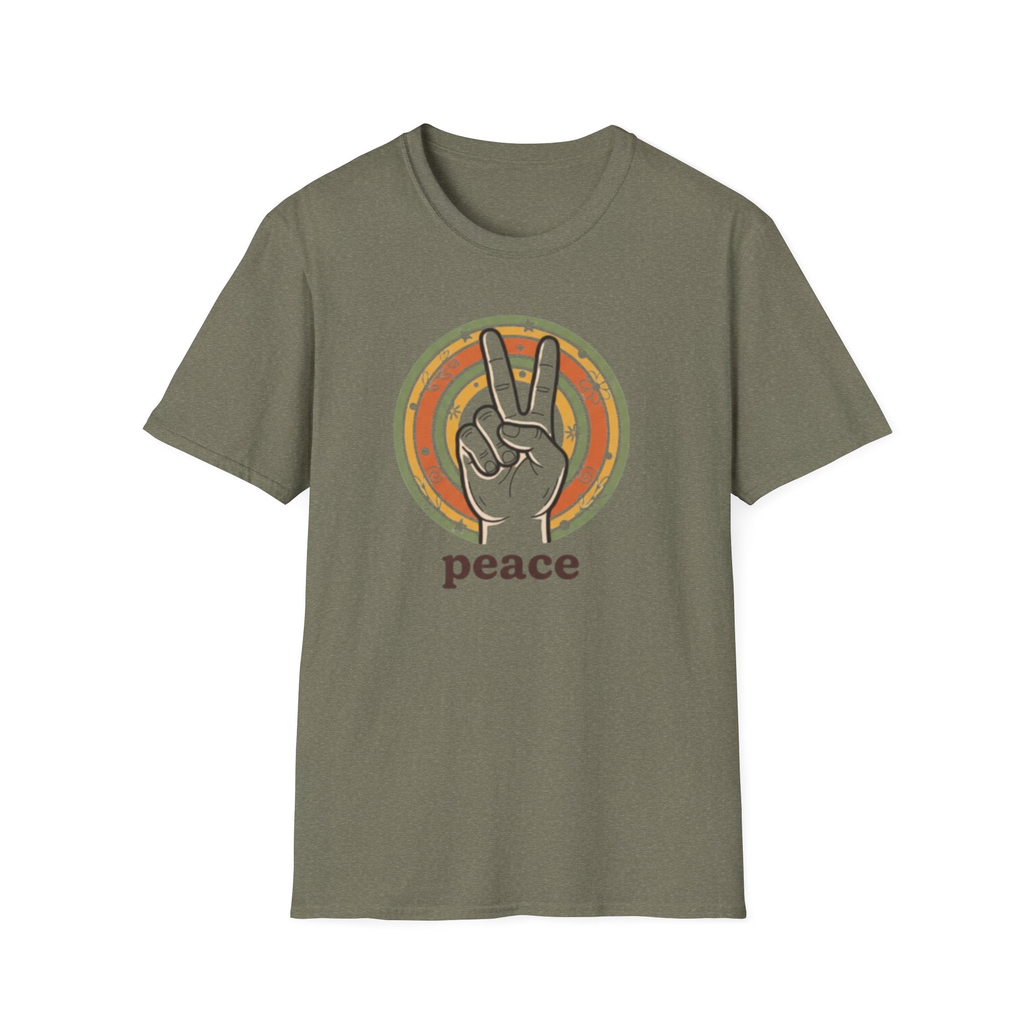 Peace Hand Sign T-Shirt | Retro Rainbow Circle, Vintage Hippie Vibe