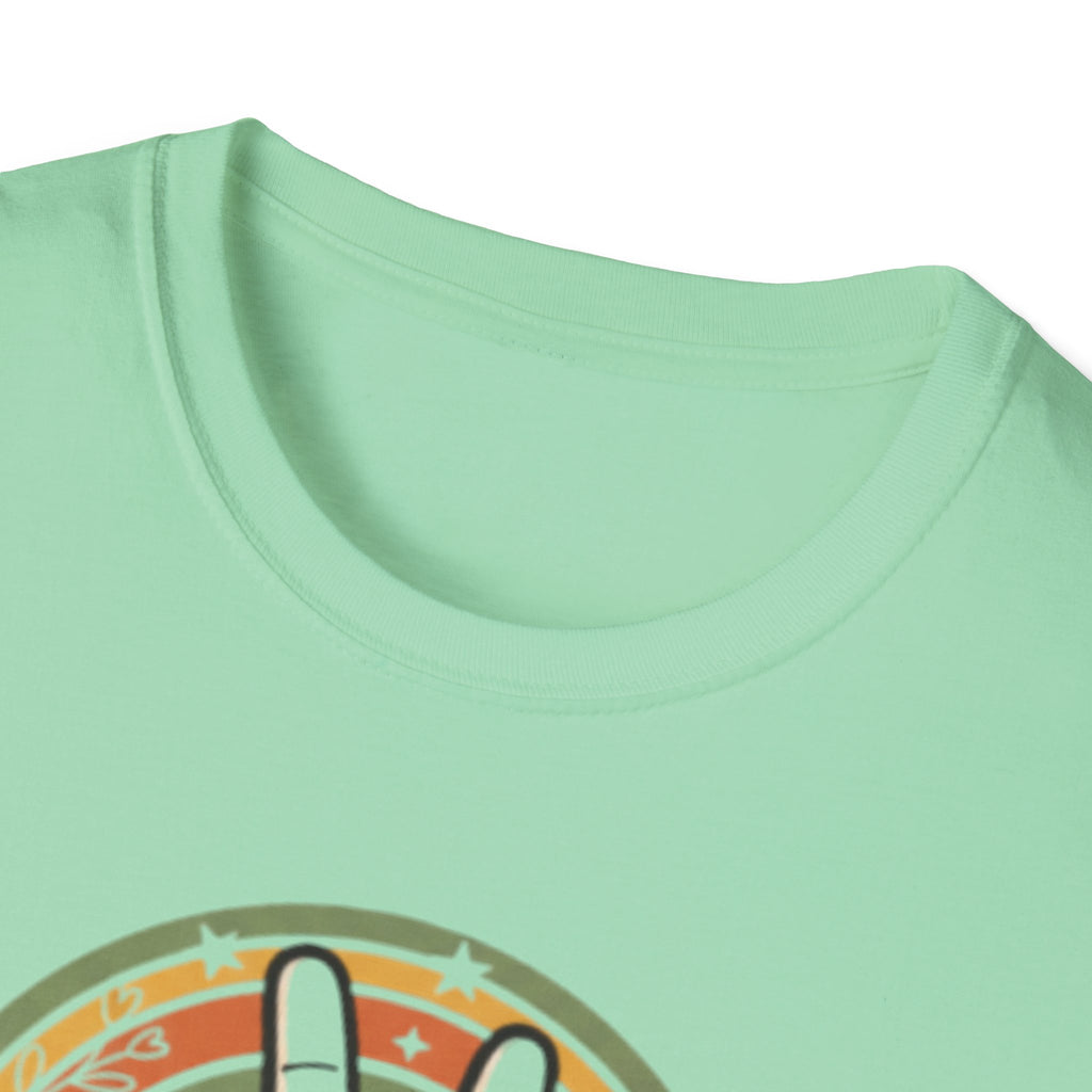 Peace Hand Sign T-Shirt | Retro Rainbow Circle, Vintage Hippie Vibe