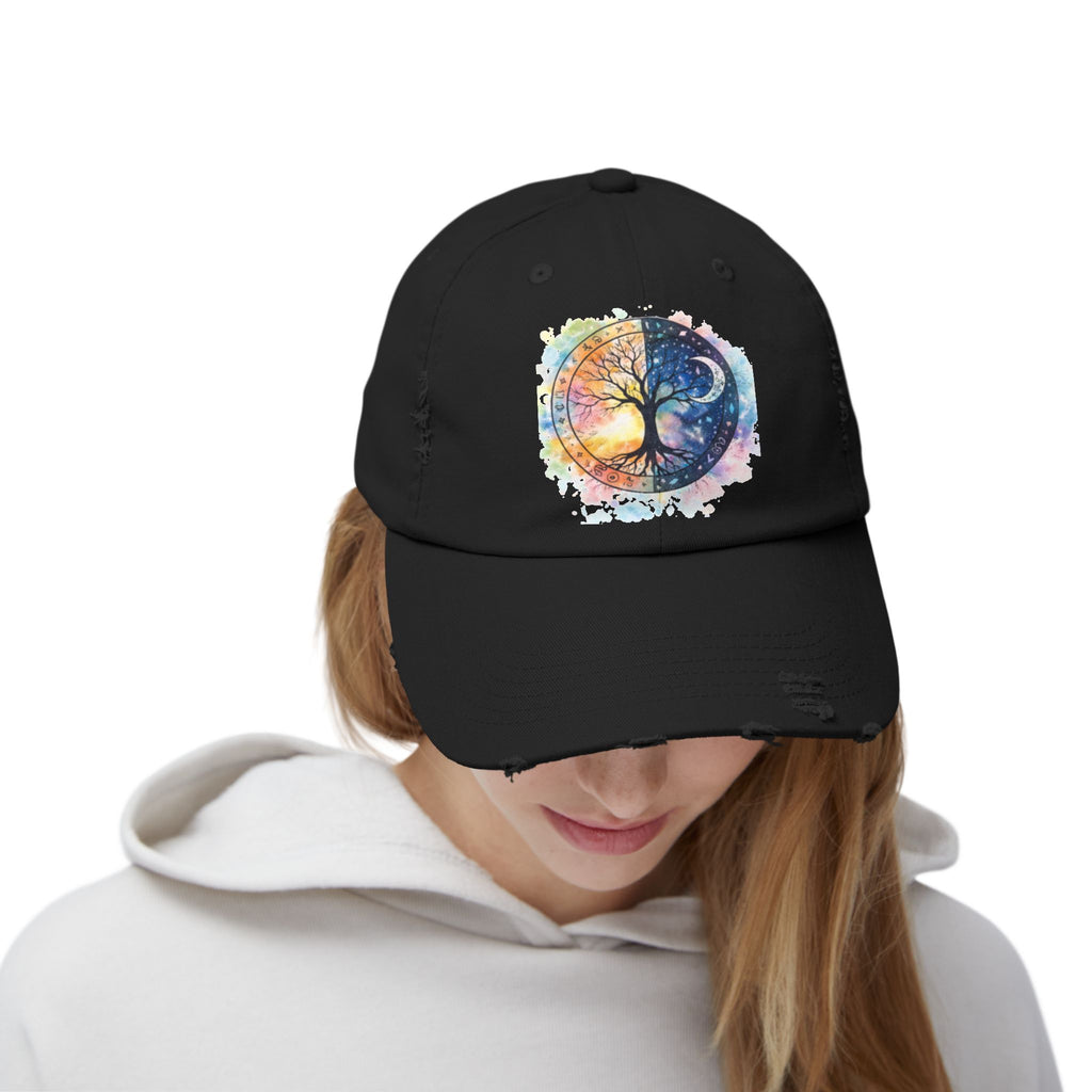 Distressed Cap — Watercolor Yin Yang Tree Baseball Hat