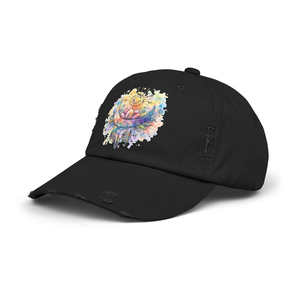 Distressed Cap with Watercolor Lotus & Crescent Moon — Boho Yoga Hat
