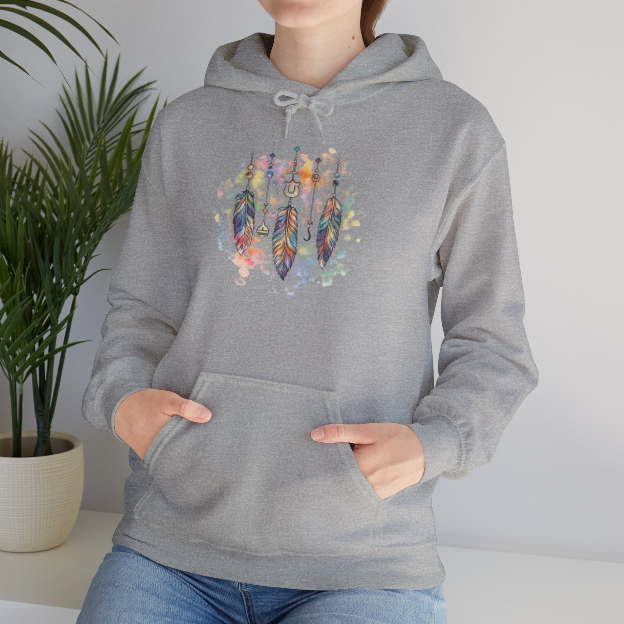 Boho Feather Dreamcatcher Hoodie — Watercolor Tribal Feathers Pullover