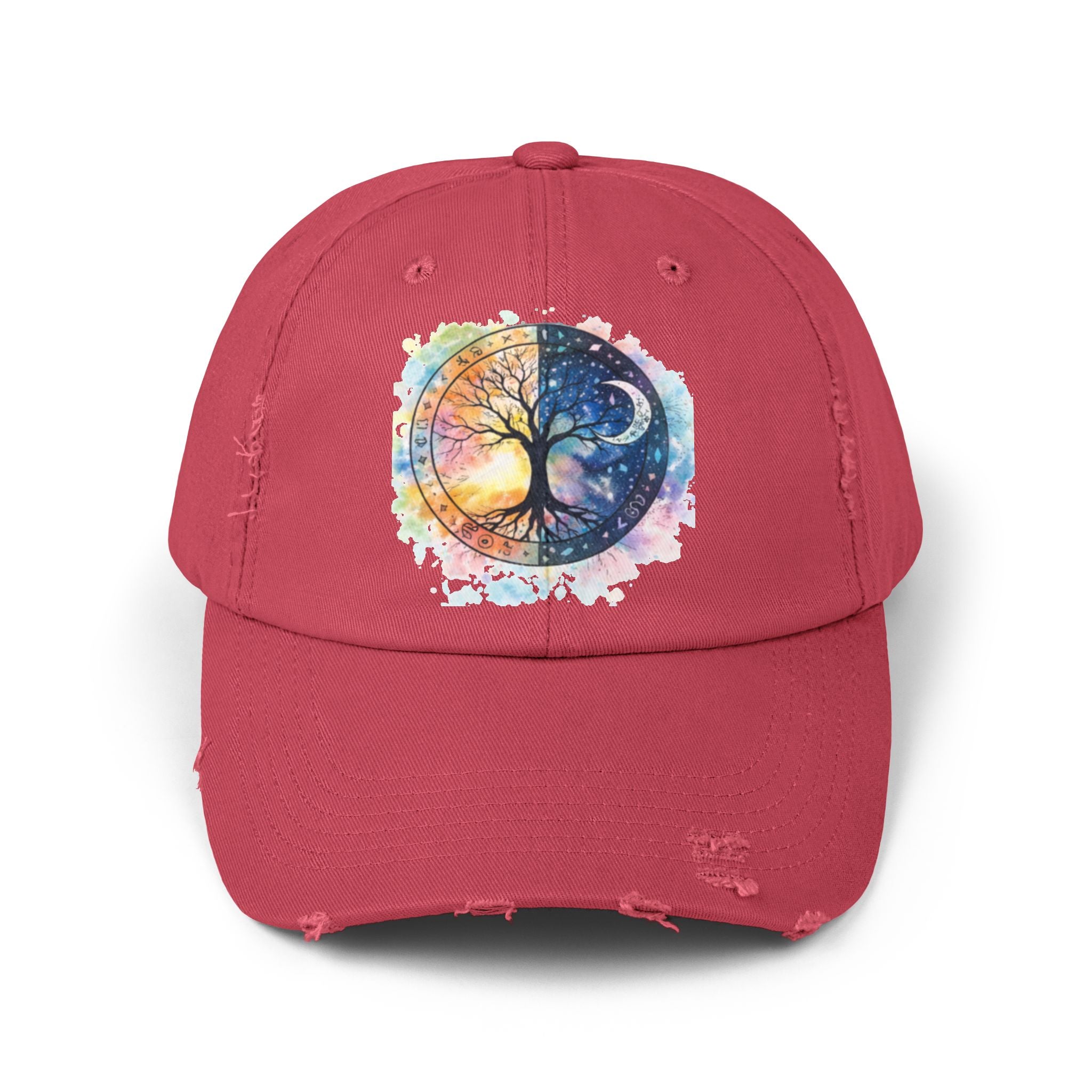 Distressed Cap — Watercolor Yin Yang Tree Baseball Hat