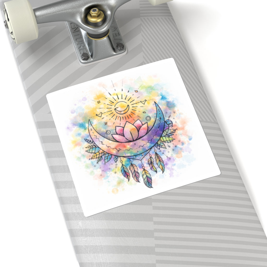 Watercolor Crescent Moon Lotus Sticker | Boho Dreamcatcher Square Sticker