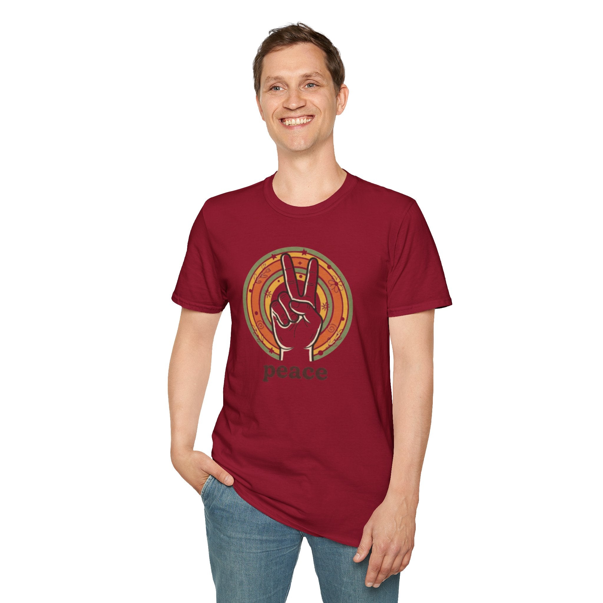 Peace Hand Sign T-Shirt | Retro Rainbow Circle, Vintage Hippie Vibe