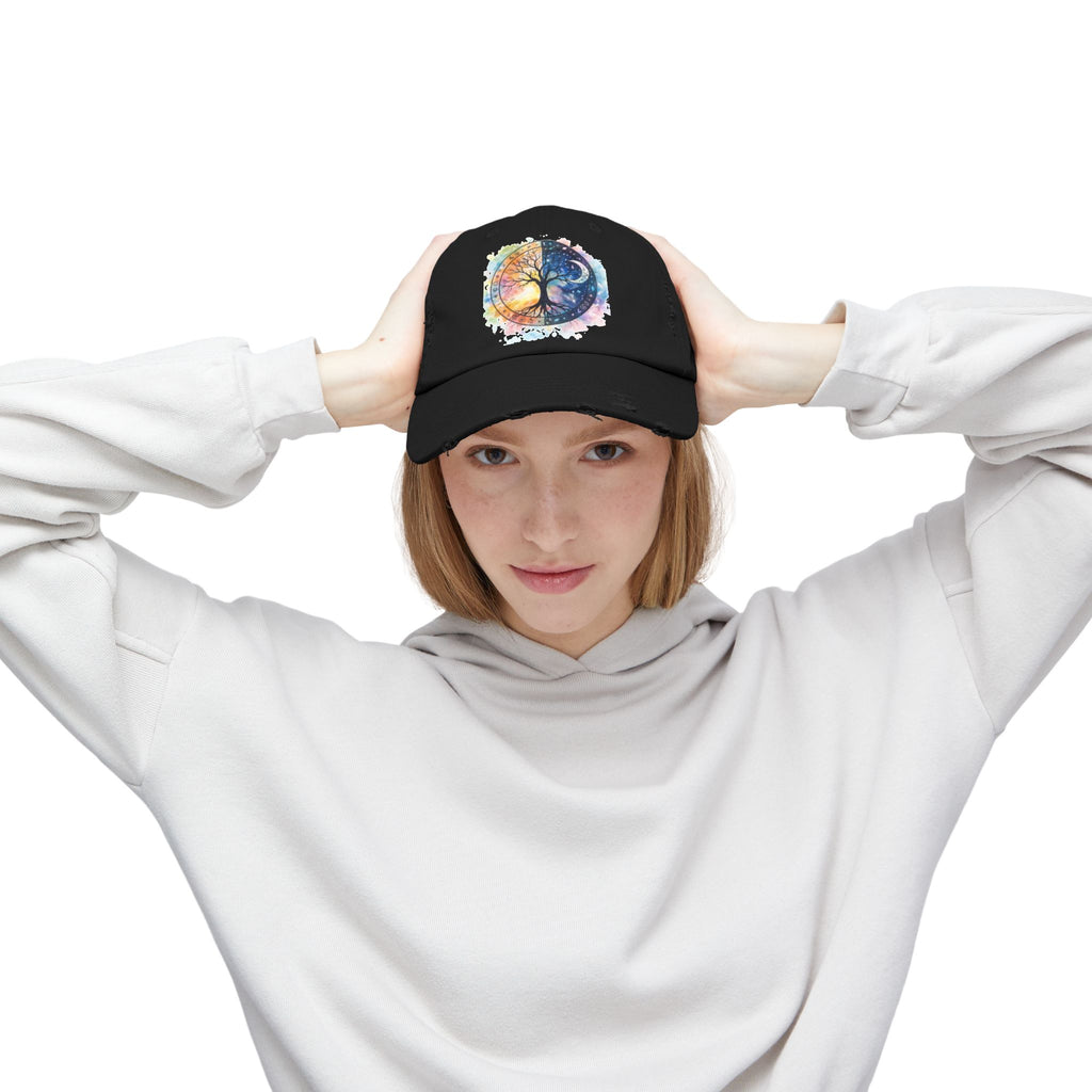 Distressed Cap — Watercolor Yin Yang Tree Baseball Hat
