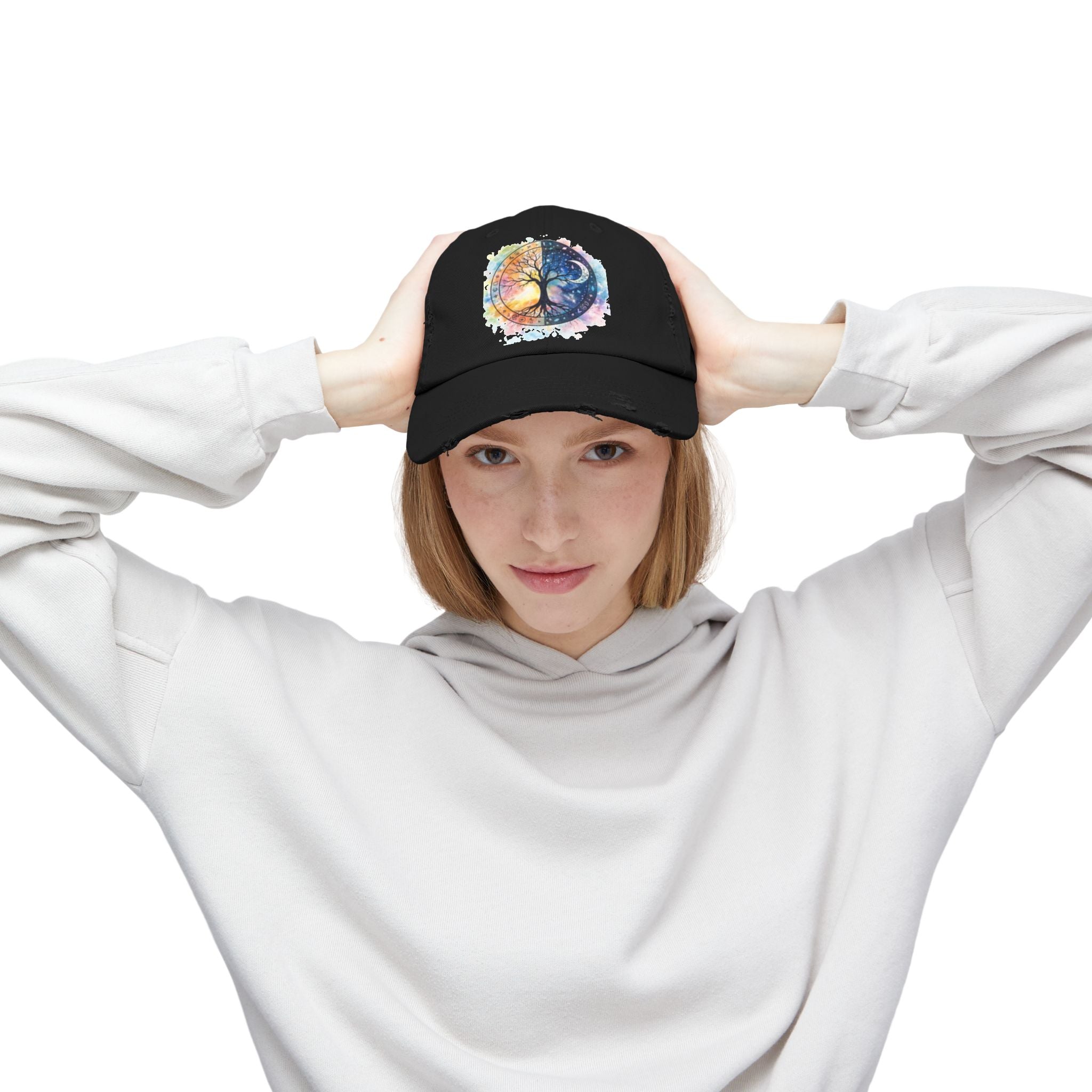Distressed Cap — Watercolor Yin Yang Tree Baseball Hat