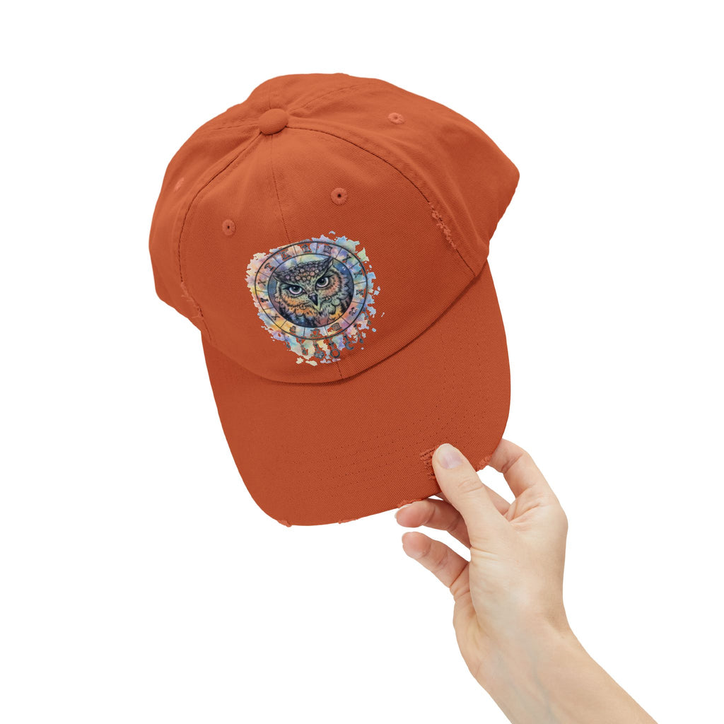 Watercolor Owl Distressed Unisex Hat