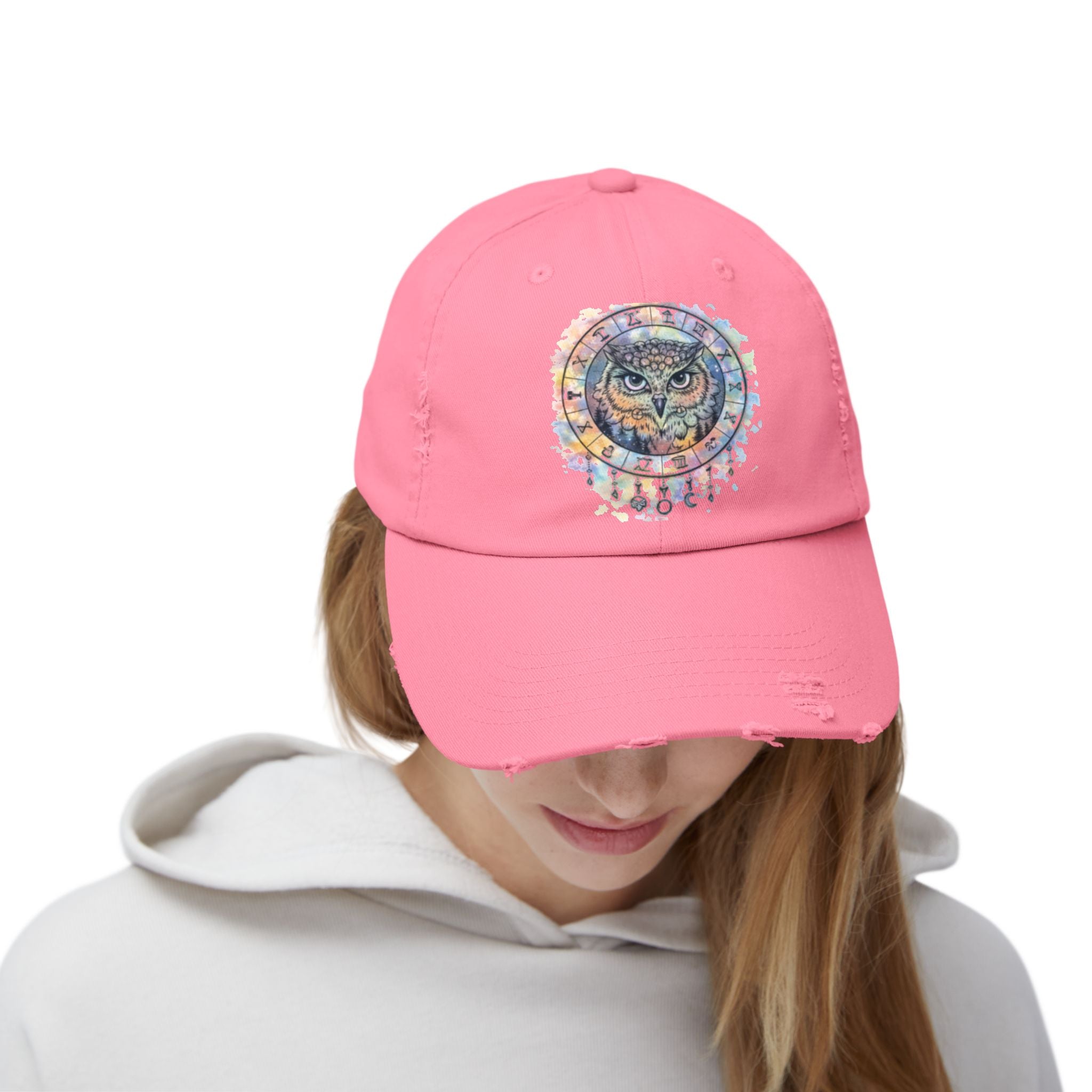 Watercolor Owl Distressed Unisex Hat