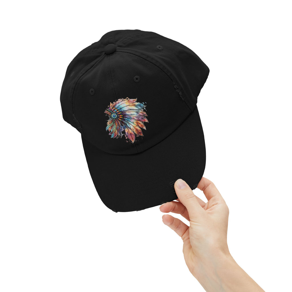 Distressed Cap with Colorful Watercolor Native Feather Headdress
