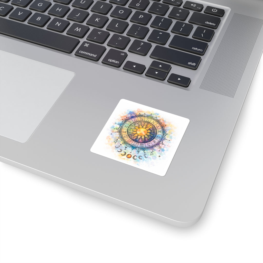Watercolor Zodiac Mandala Square Stickers | Sun Moon Phases, Astrological Symbols