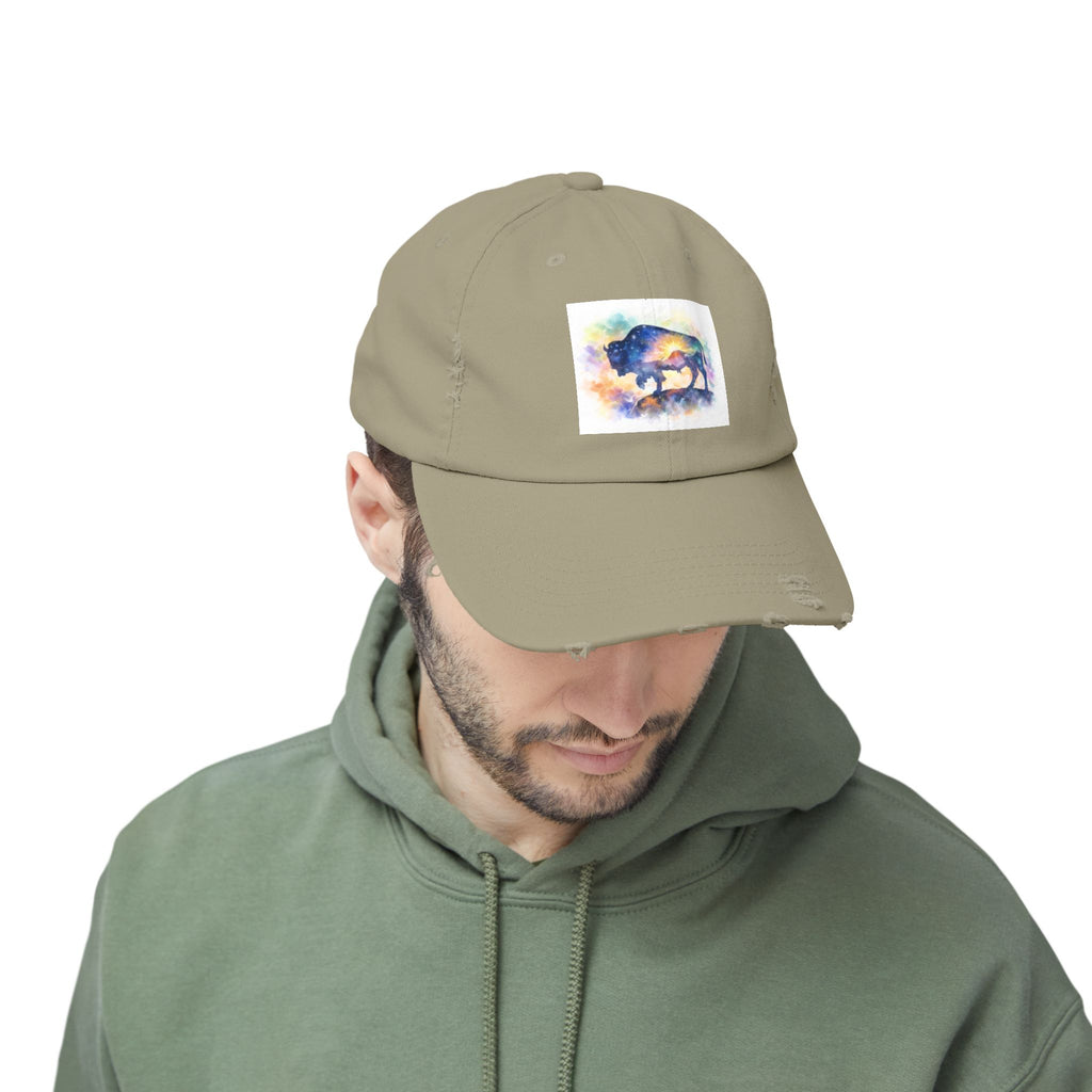 Distressed Buffalo Cap — Watercolor Bison Patch Hat