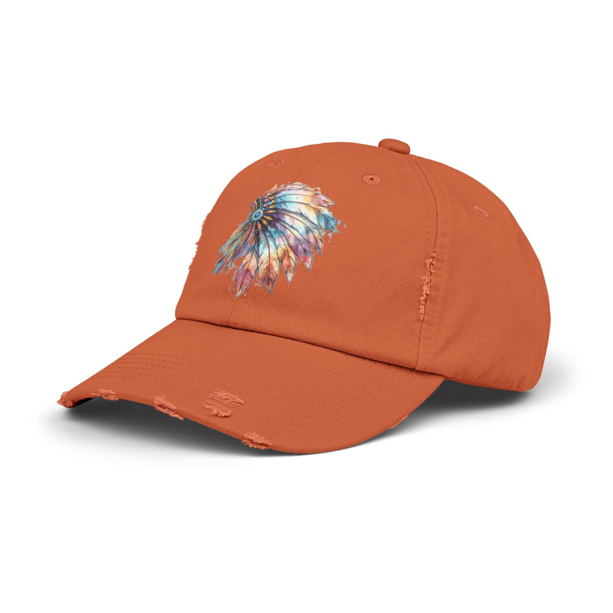 Distressed Cap with Colorful Watercolor Native Feather Headdress