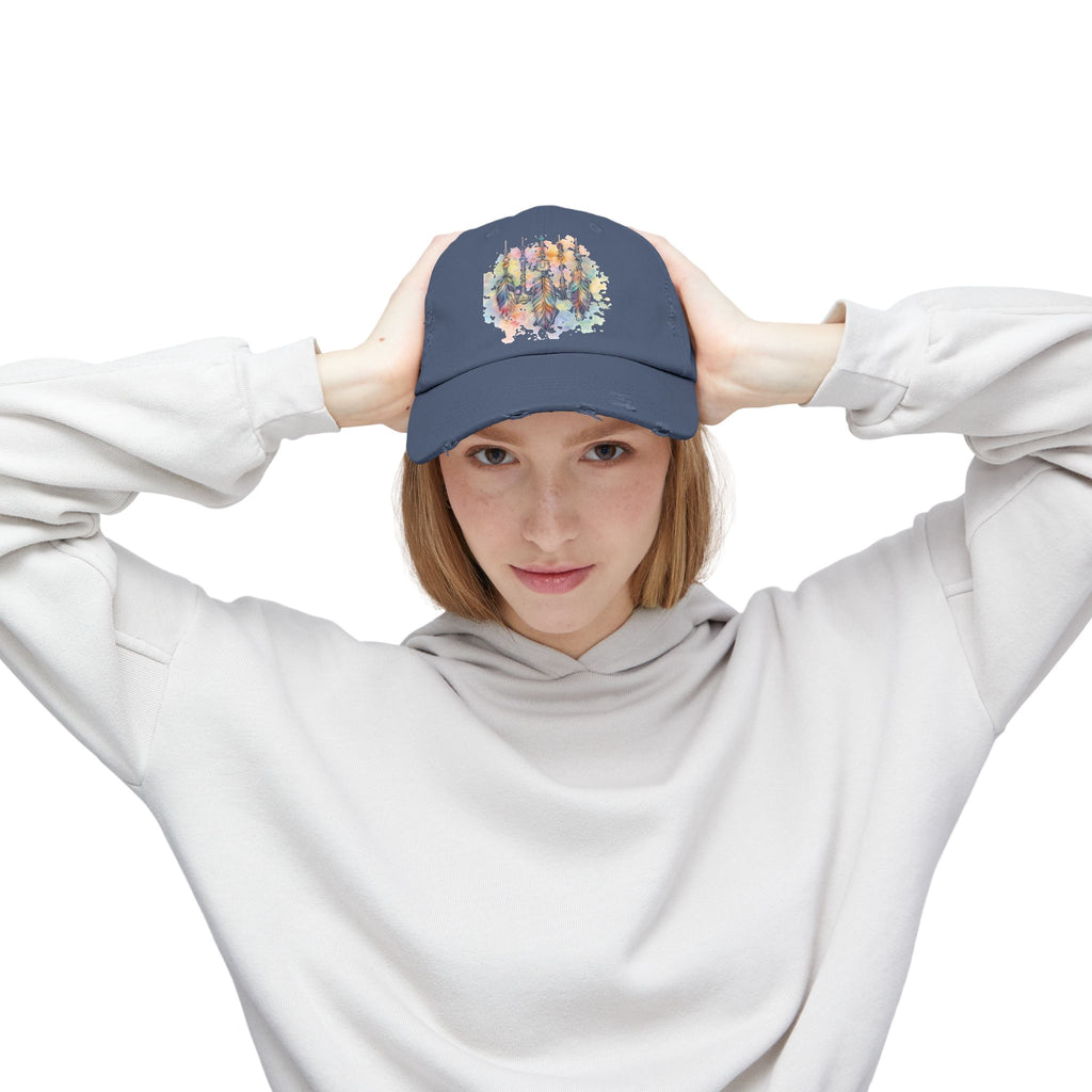 Distressed Cap with Watercolor Dreamcatcher Design