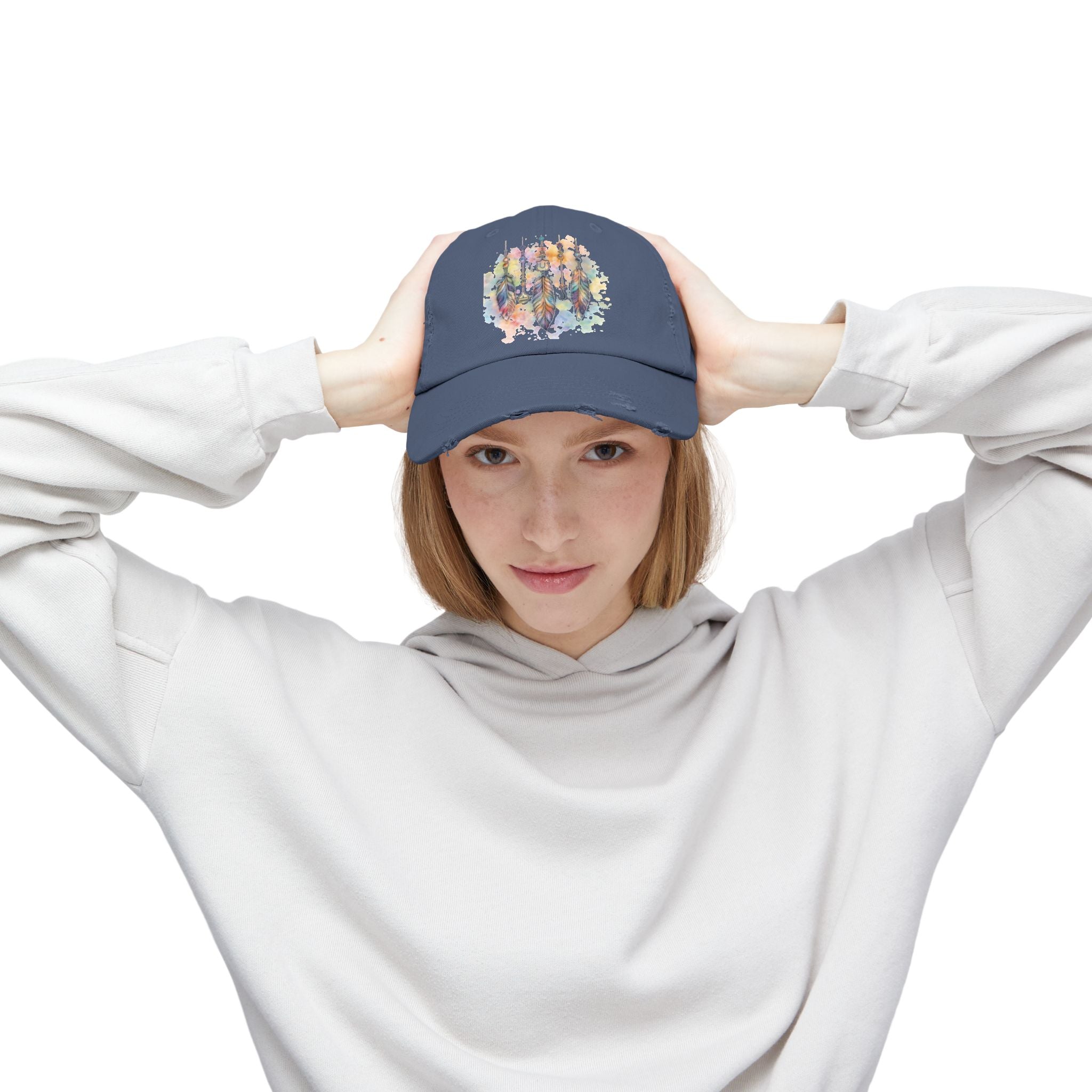 Distressed Cap with Watercolor Dreamcatcher Design