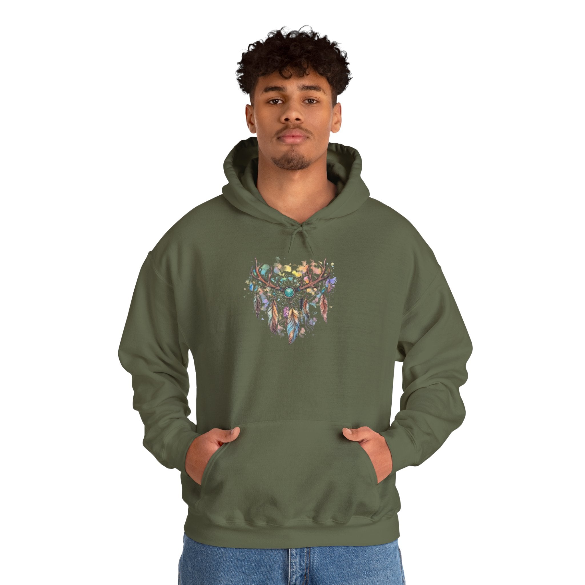 Dreamcatcher Antler Hoodie — Watercolor Feathers & Floral Boho Sweatshirt