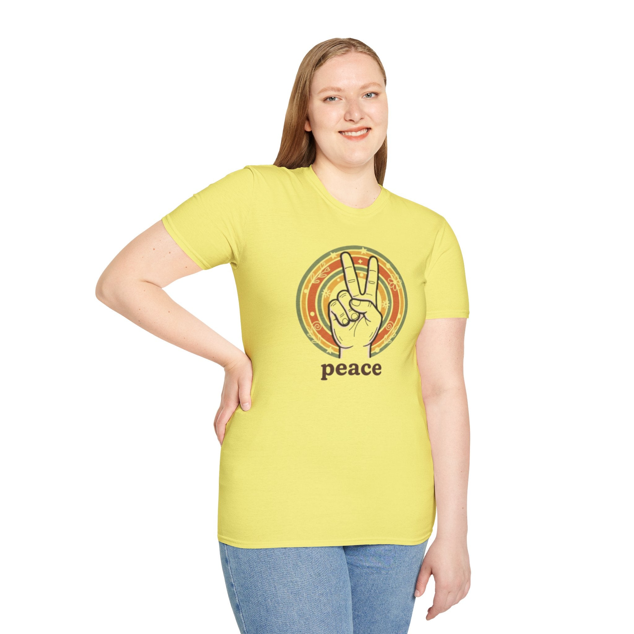 Peace Hand Sign T-Shirt | Retro Rainbow Circle, Vintage Hippie Vibe