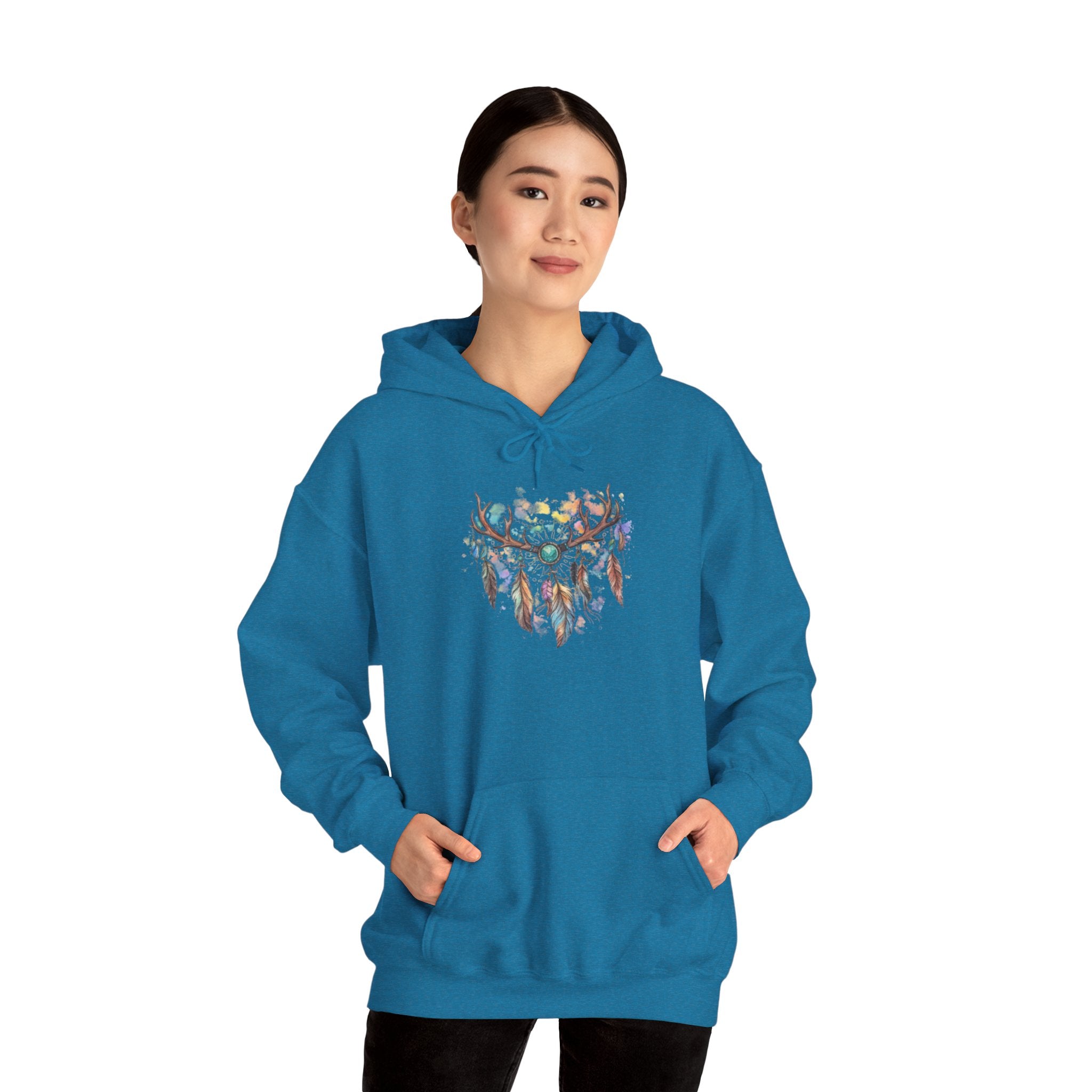 Dreamcatcher Antler Hoodie — Watercolor Feathers & Floral Boho Sweatshirt