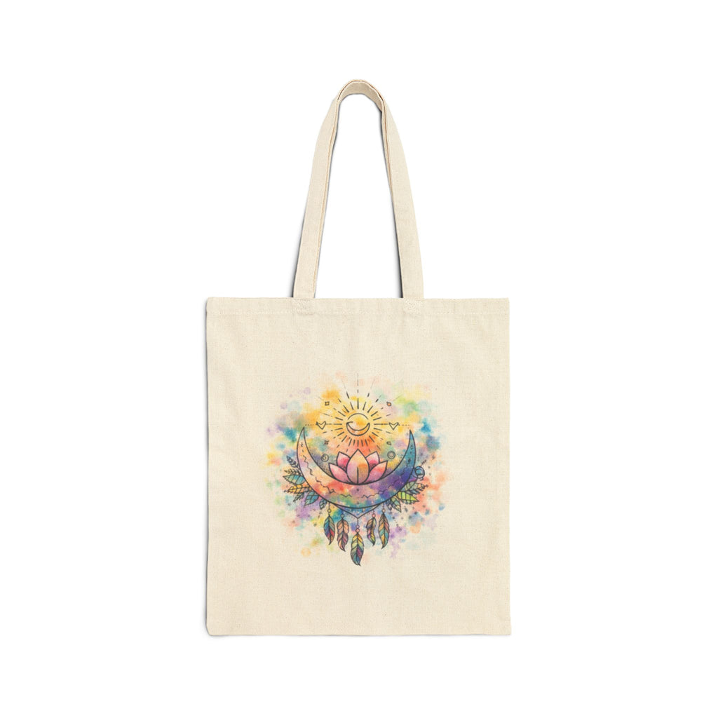 Boho Watercolor Lotus & Sun Spiritual Cotton Canvas Tote