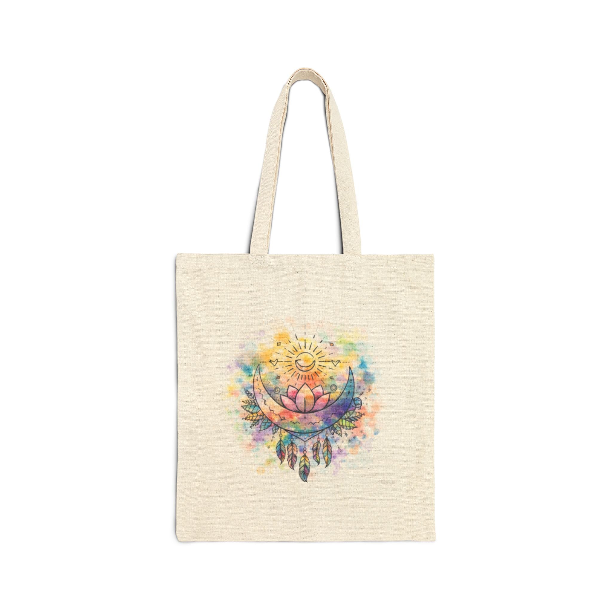 Boho Watercolor Lotus & Sun Spiritual Cotton Canvas Tote
